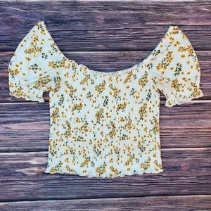 Yellow Floral Shirred Semi-cropped Top